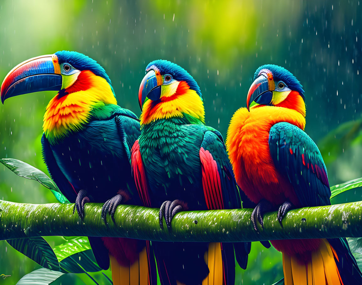 Vibrant toucans on branch with lush greenery