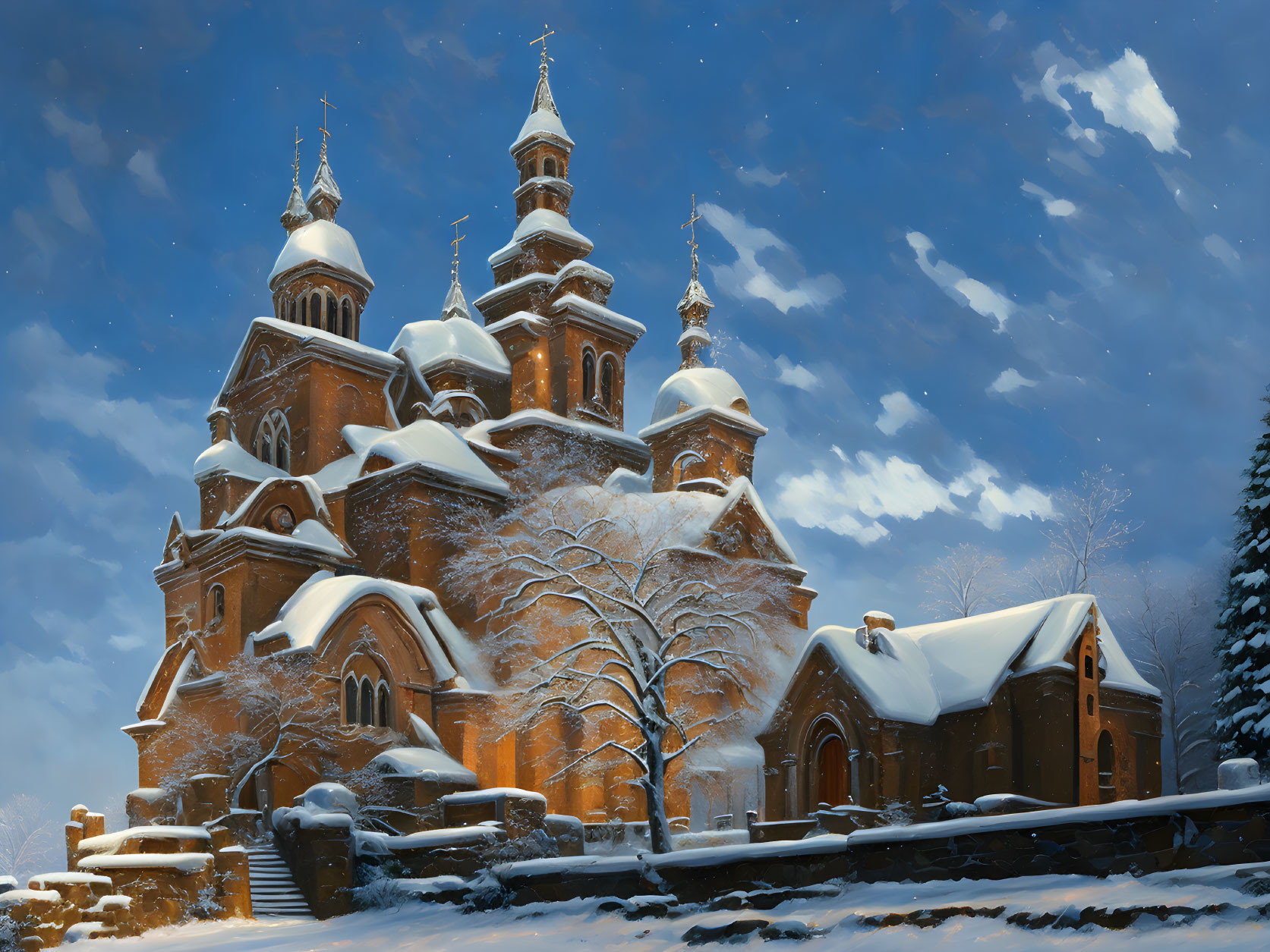 Snow-covered brick church with spires in twilight setting