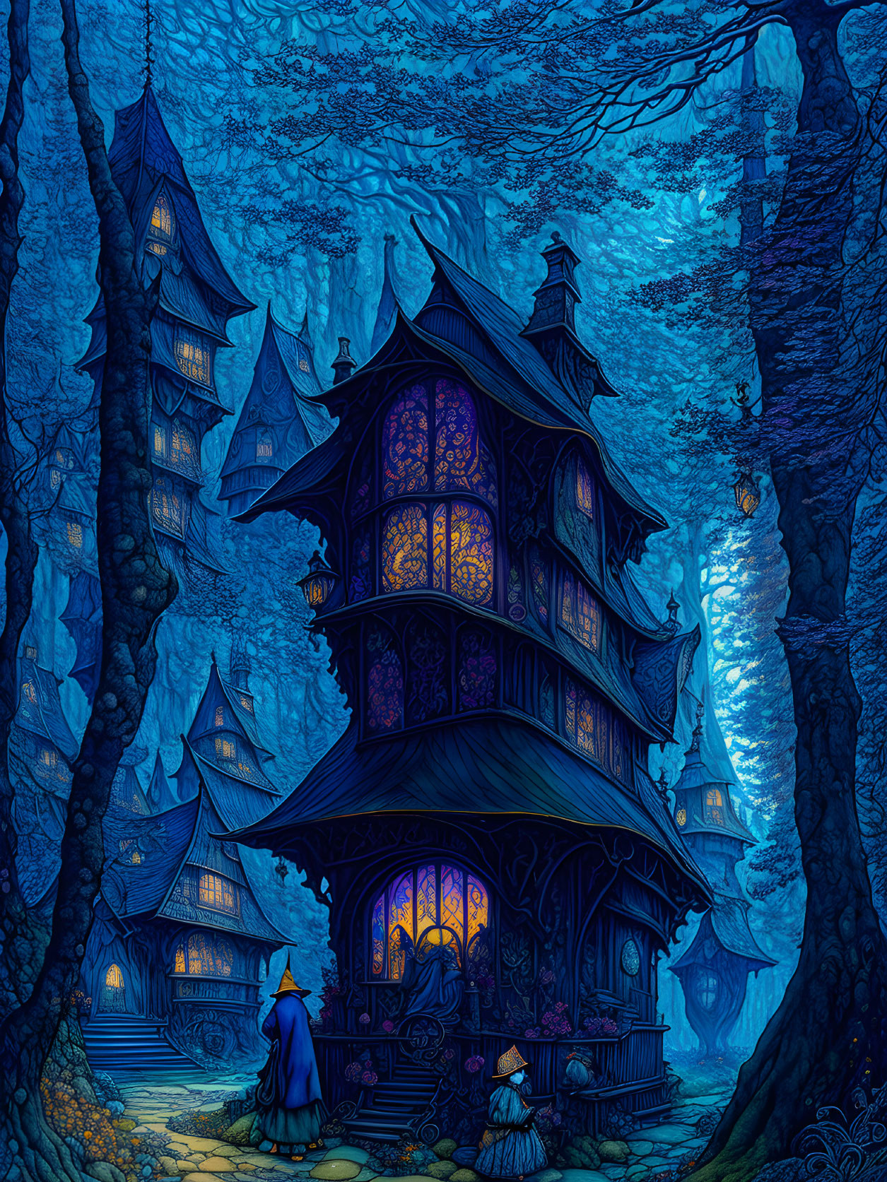 Enchanting blue forest with Victorian houses and cloaked figure