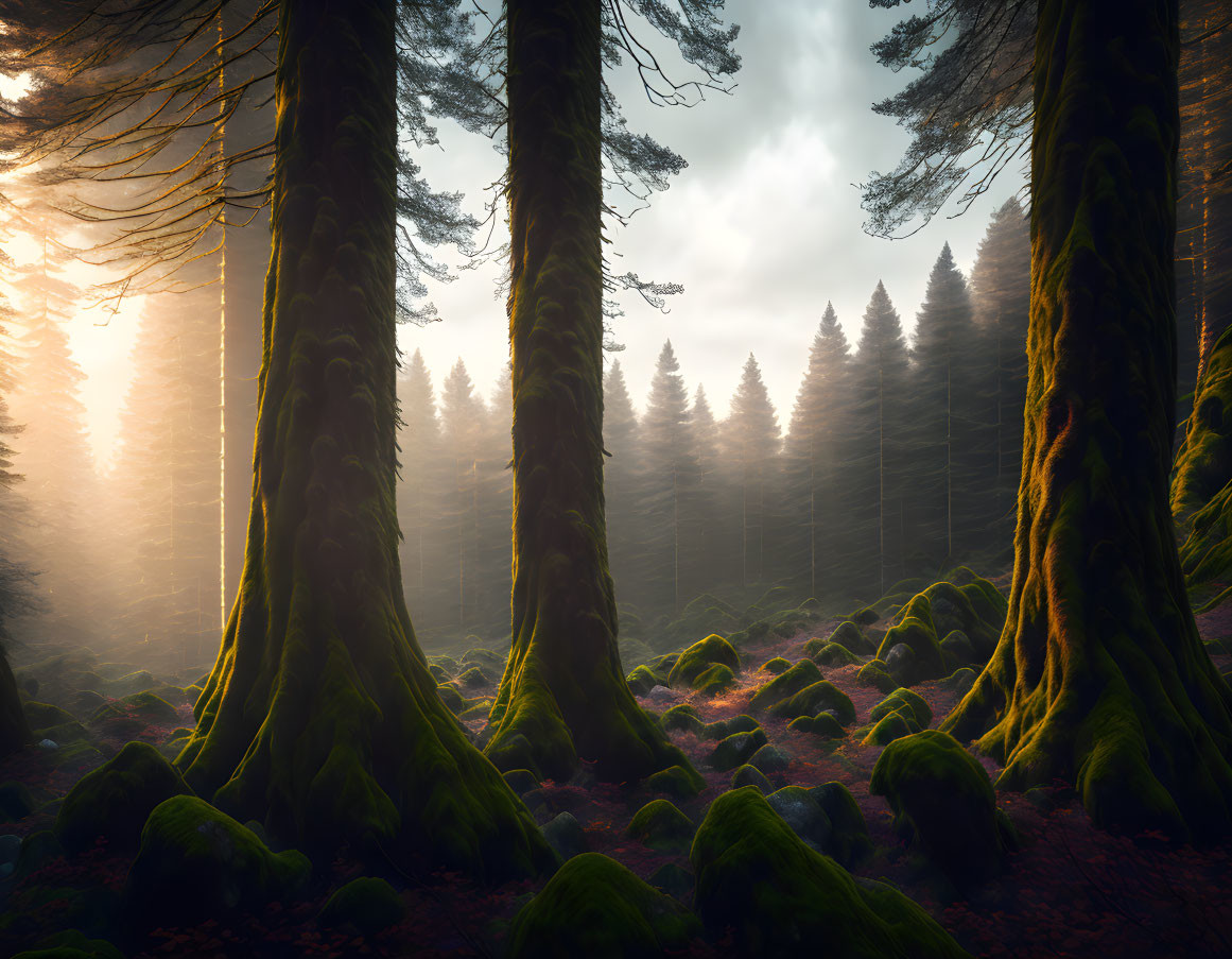 Misty forest with sunlight illuminating moss-covered ground