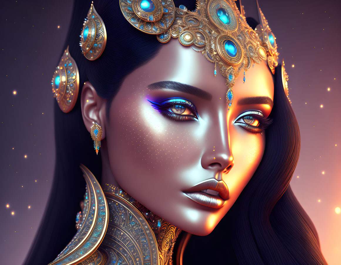 Detailed digital art portrait of woman with glowing blue eyes in ornate gold and blue attire against starry