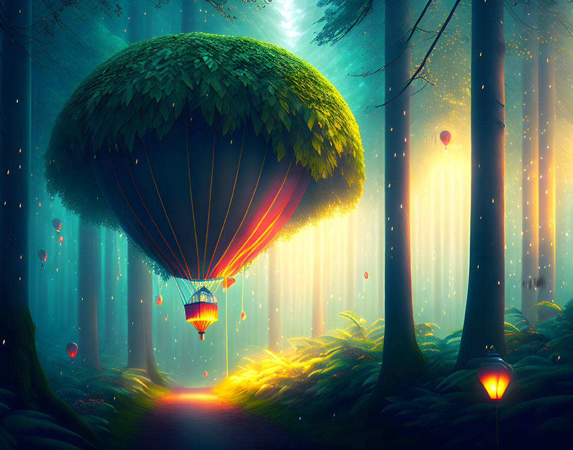 Fantastical image of a tree canopy hot air balloon in enchanted forest