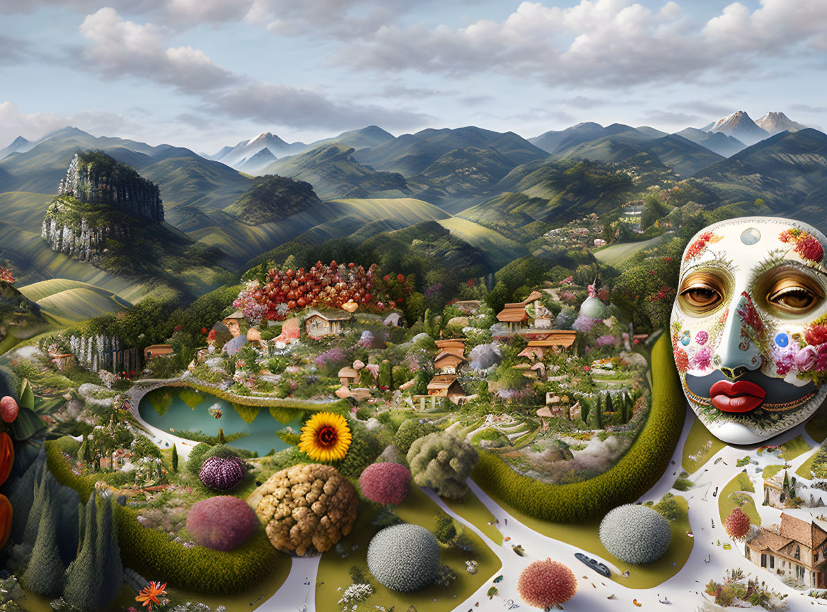 Surreal landscape with rolling hills, tranquil lake, scattered houses, and Venetian mask