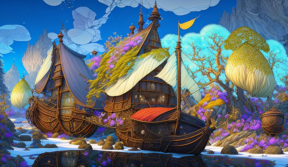 Fantastical landscape with vibrant plants and whimsical ship-like buildings against twilight sky