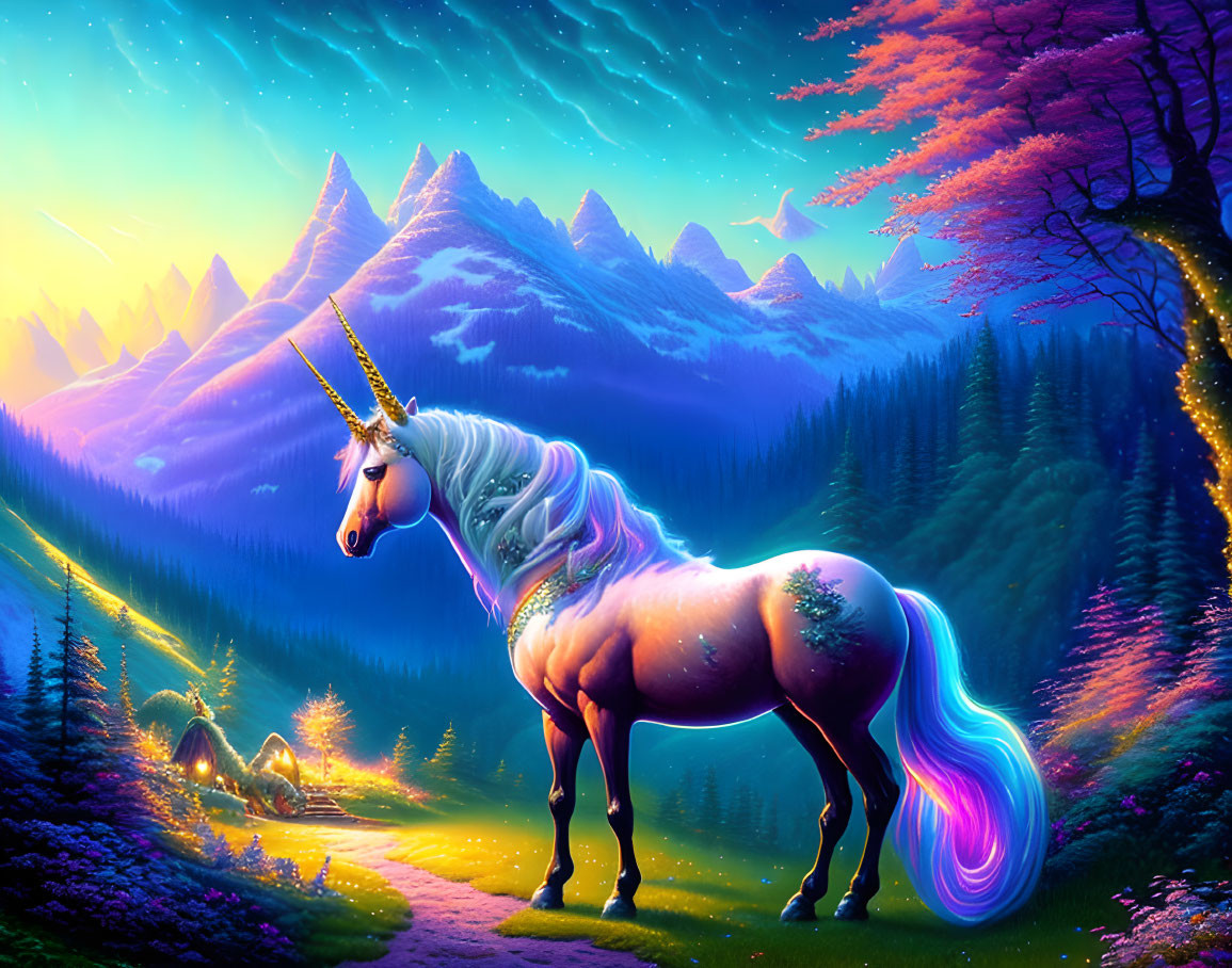 Majestic unicorn in vibrant fantasy landscape with purple mountains