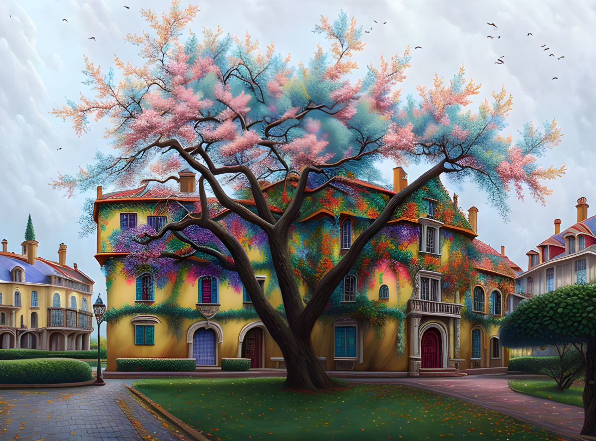 Colorful tree painting with European houses and birds under cloudy sky