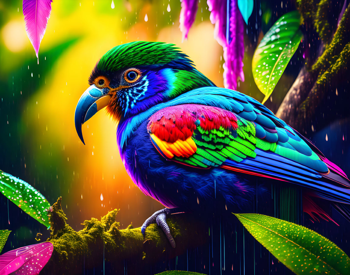 Colorful Parrot in Lush Tropical Setting with Raindrops and Foliage