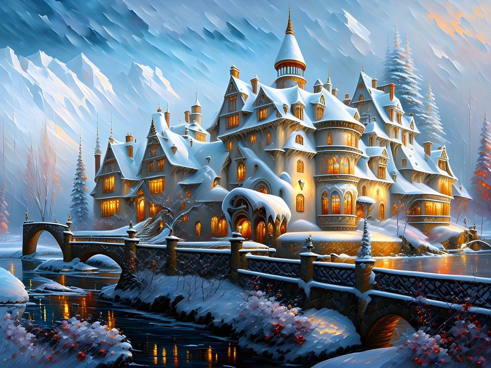 Illuminated castle in snowy twilight with stone bridge