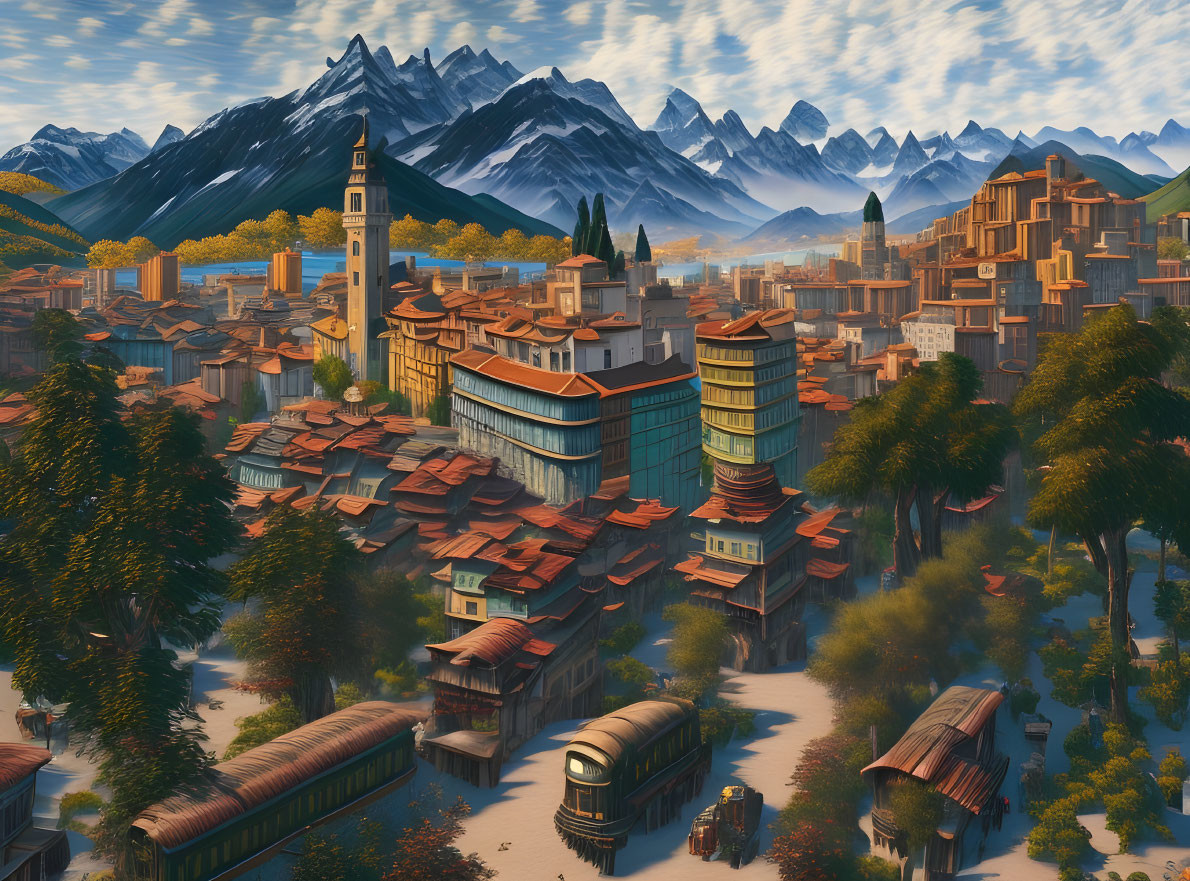 Scenic town surrounded by mountains, historic architecture, greenery, and trams.