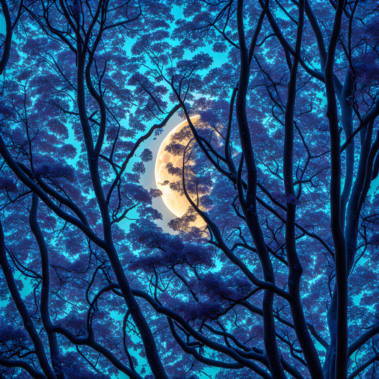 Full Moon Silhouetted by Tree Branches in Twilight Sky