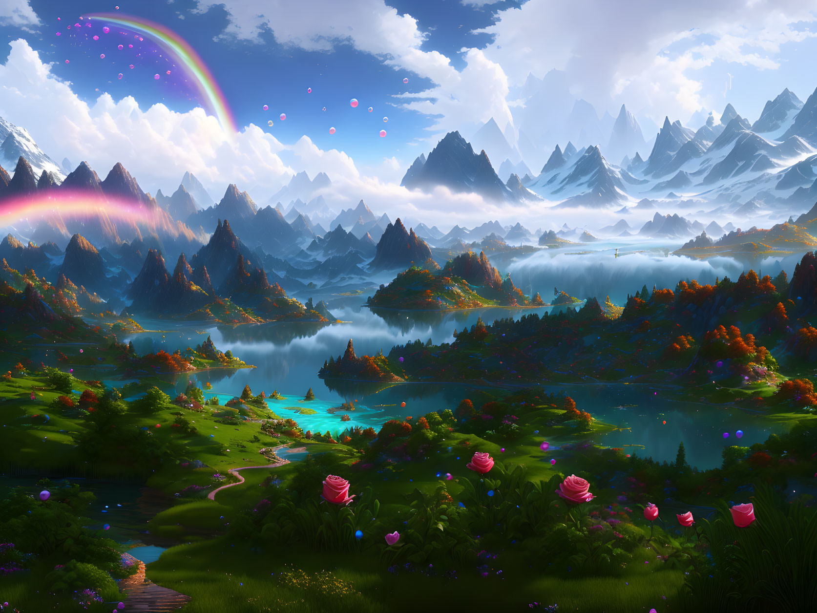 Colorful fantasy landscape with mountains, rainbow, lakes, forests, and oversized roses