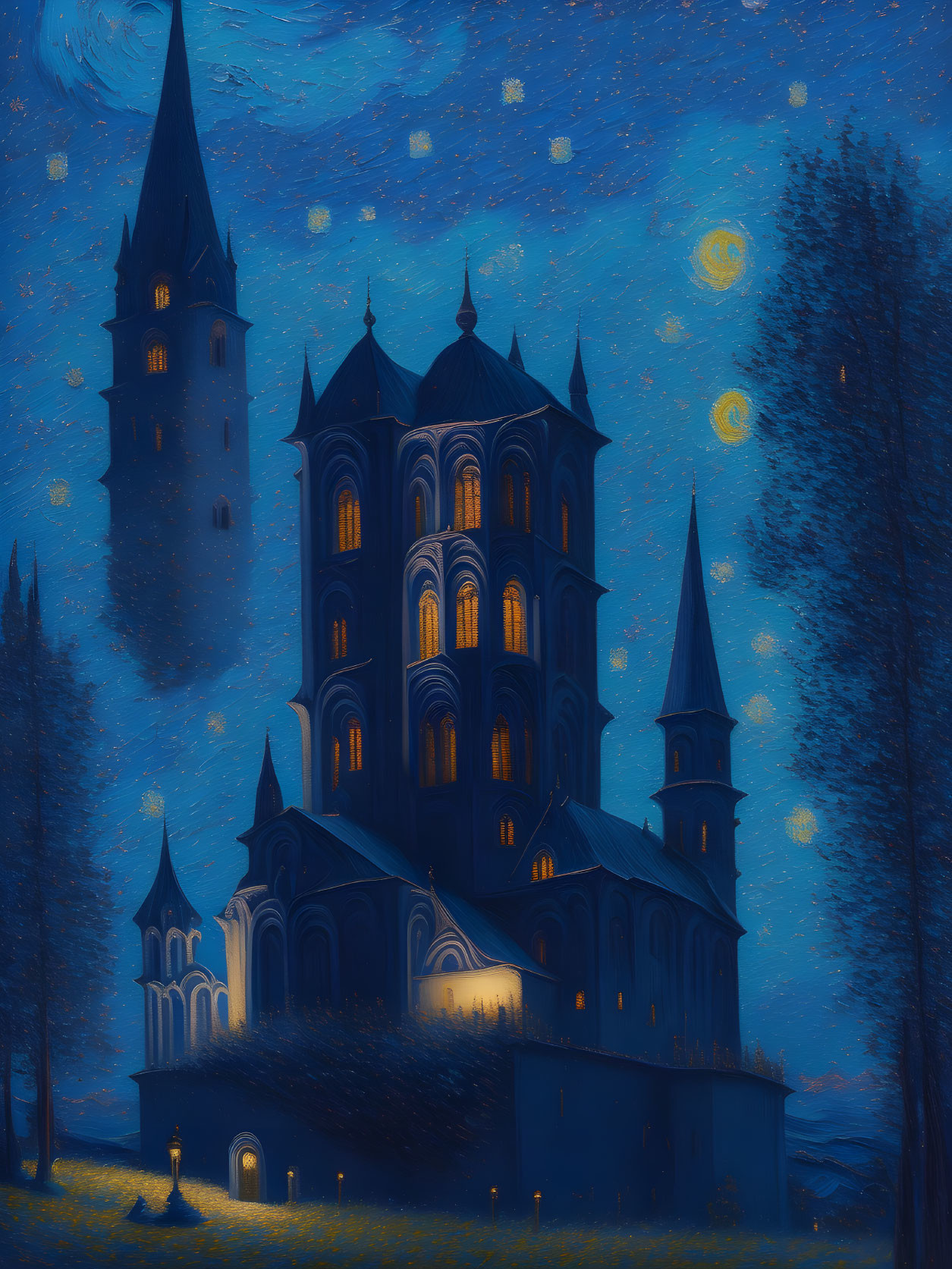 Gothic castle and spires in Van Gogh-inspired starry night scene