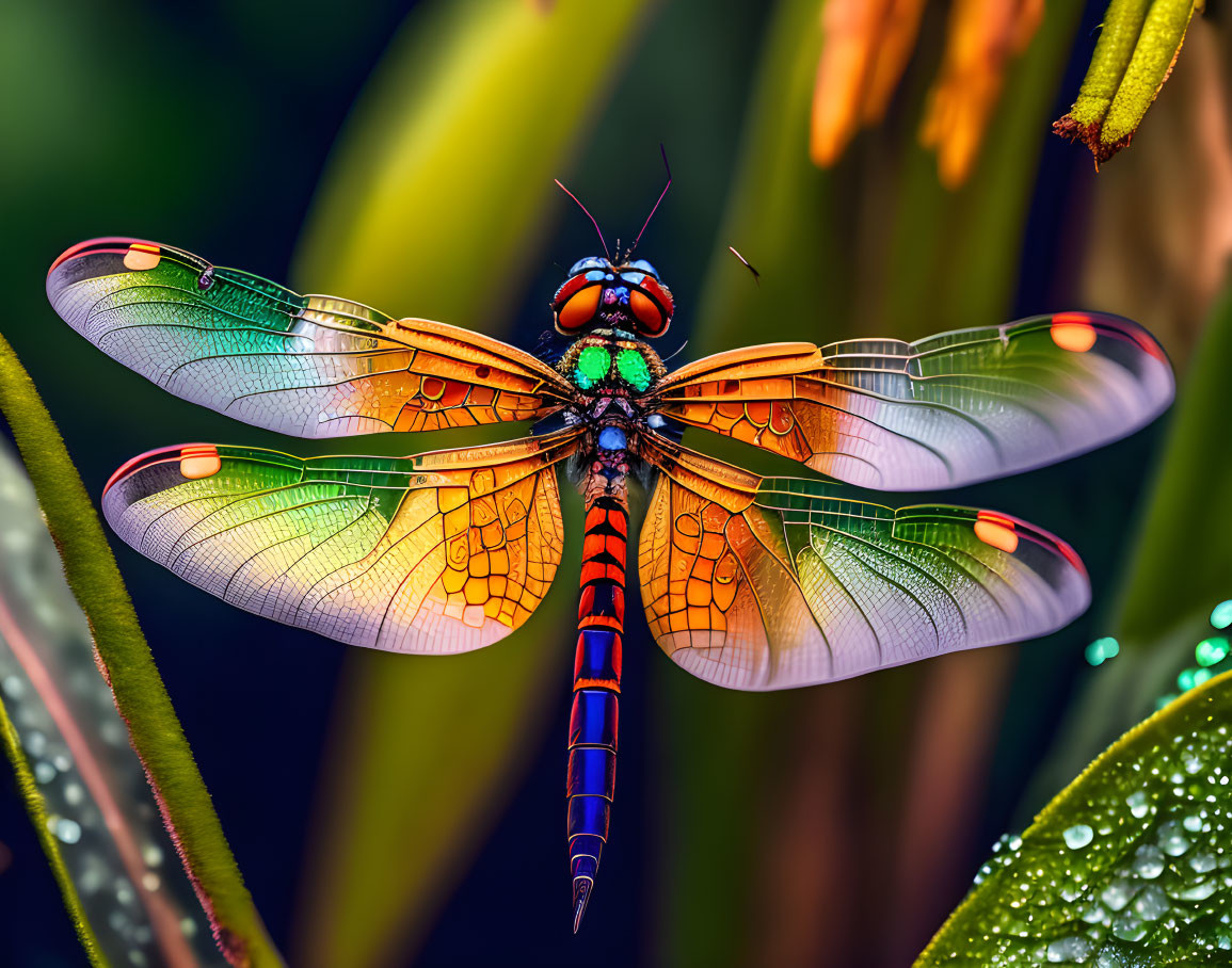 Colorful dragonfly on green leaf with dew drops and soft-focus foliage