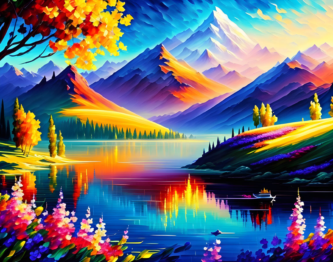 Colorful Landscape Painting: Mountains, Lake, Autumn Trees, Boat, Flowers, Sunset Sky