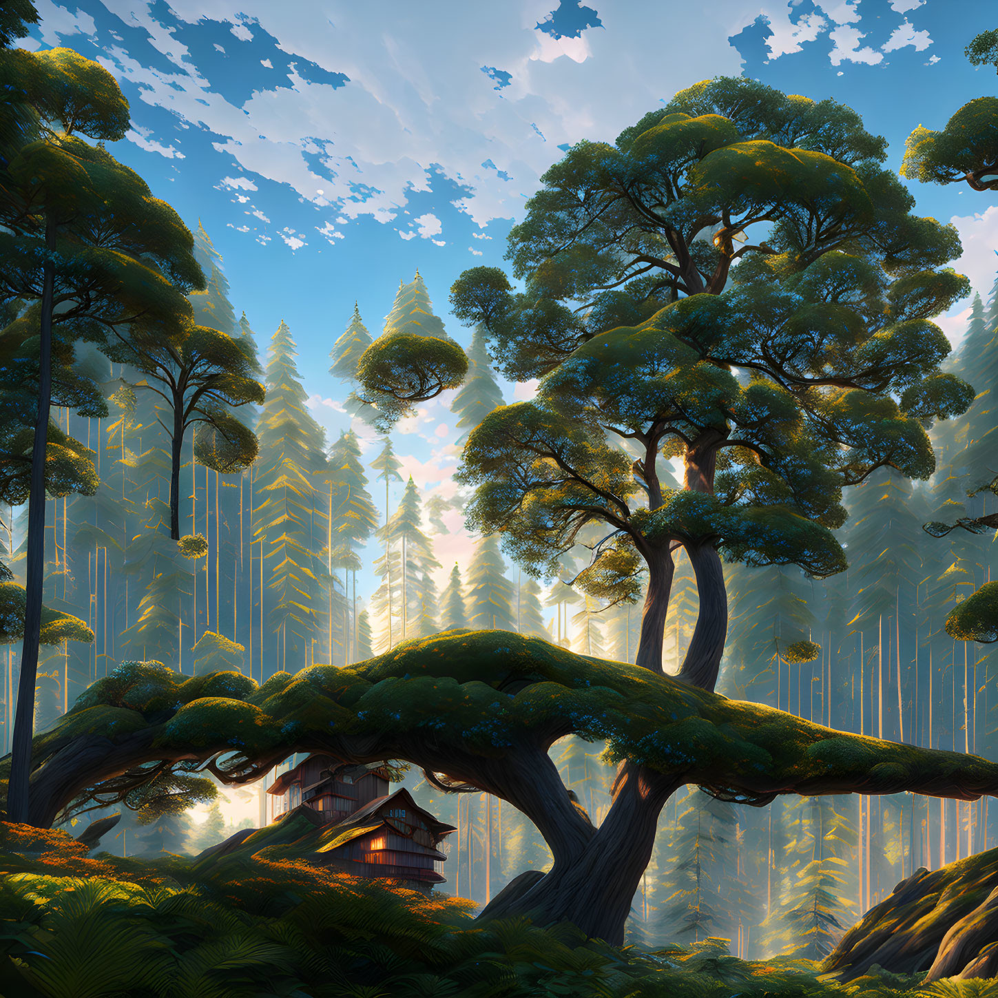 Tranquil fantasy forest with treehouse, floating islands, and blue sky