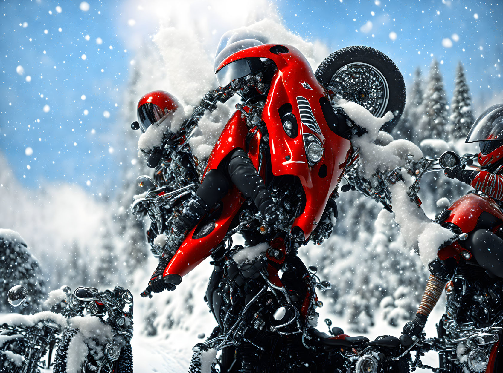 Red Motorcycle Wheelie in Snowy Forest Landscape