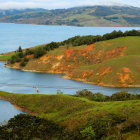 Colorful Autumn Landscape Painting with Lake, Boats, Hills & Mountains