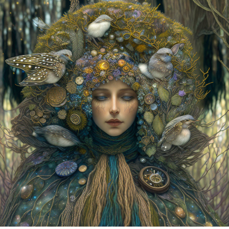 Person with closed eyes wearing forest-themed headdress with animals, birds, flowers, and compass in intricate