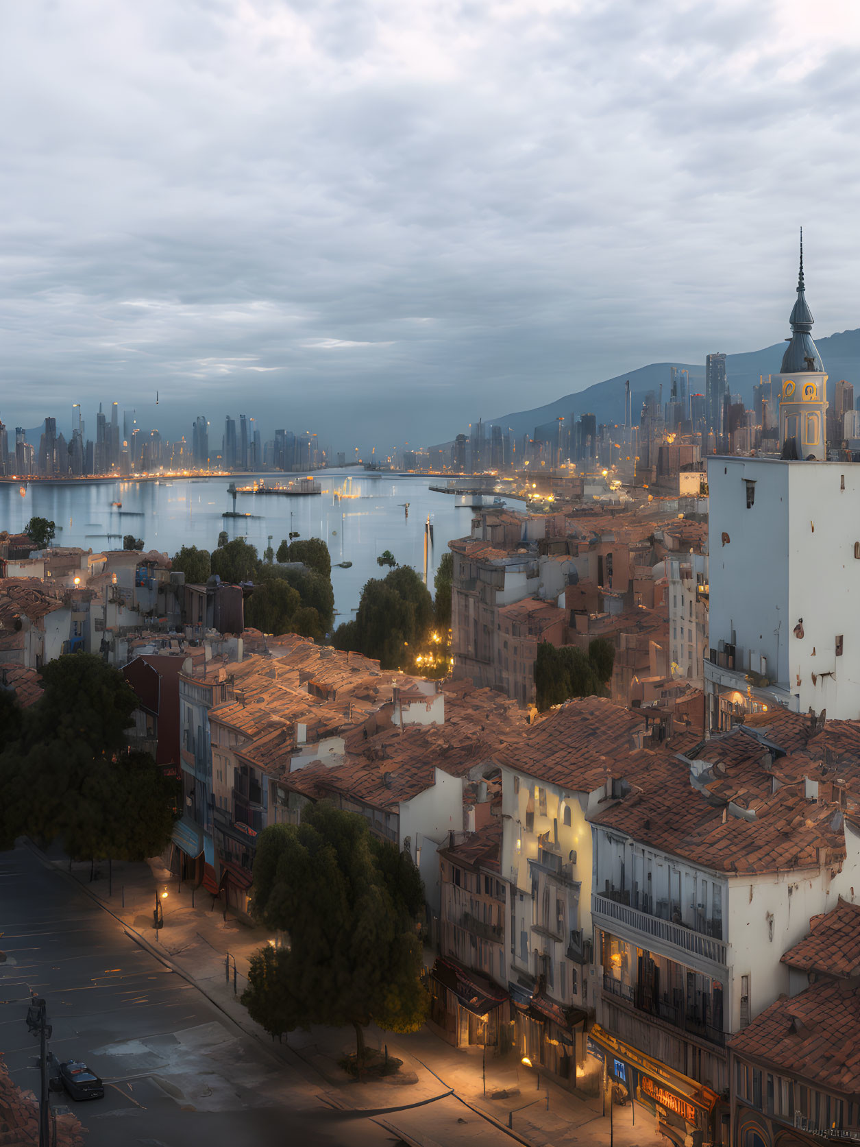 Cityscape with old rooftops and modern skyscrapers at twilight