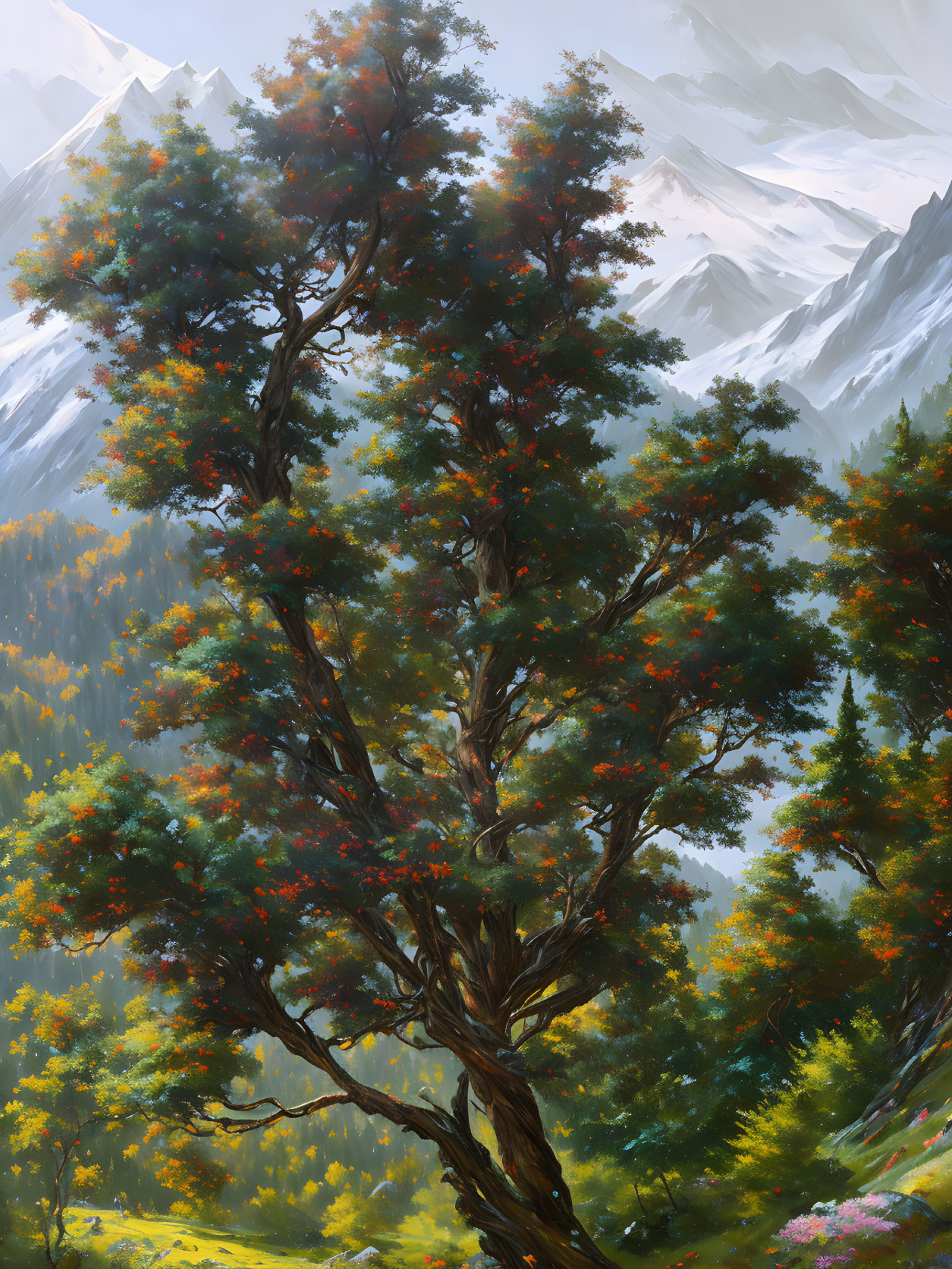 Majestic tree with green and red foliage against snow-capped mountains