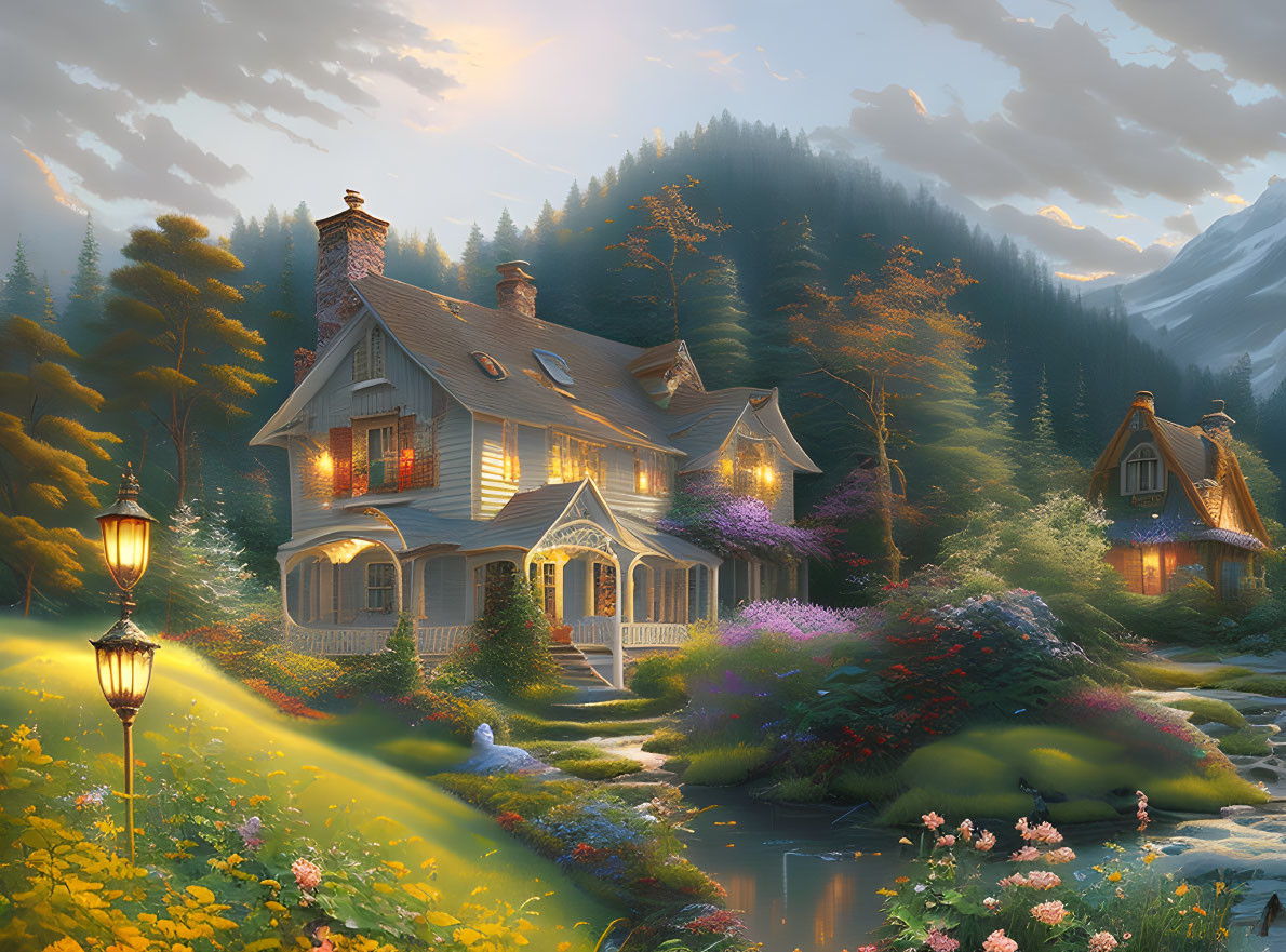 Cozy cottage surrounded by blooming garden at twilight