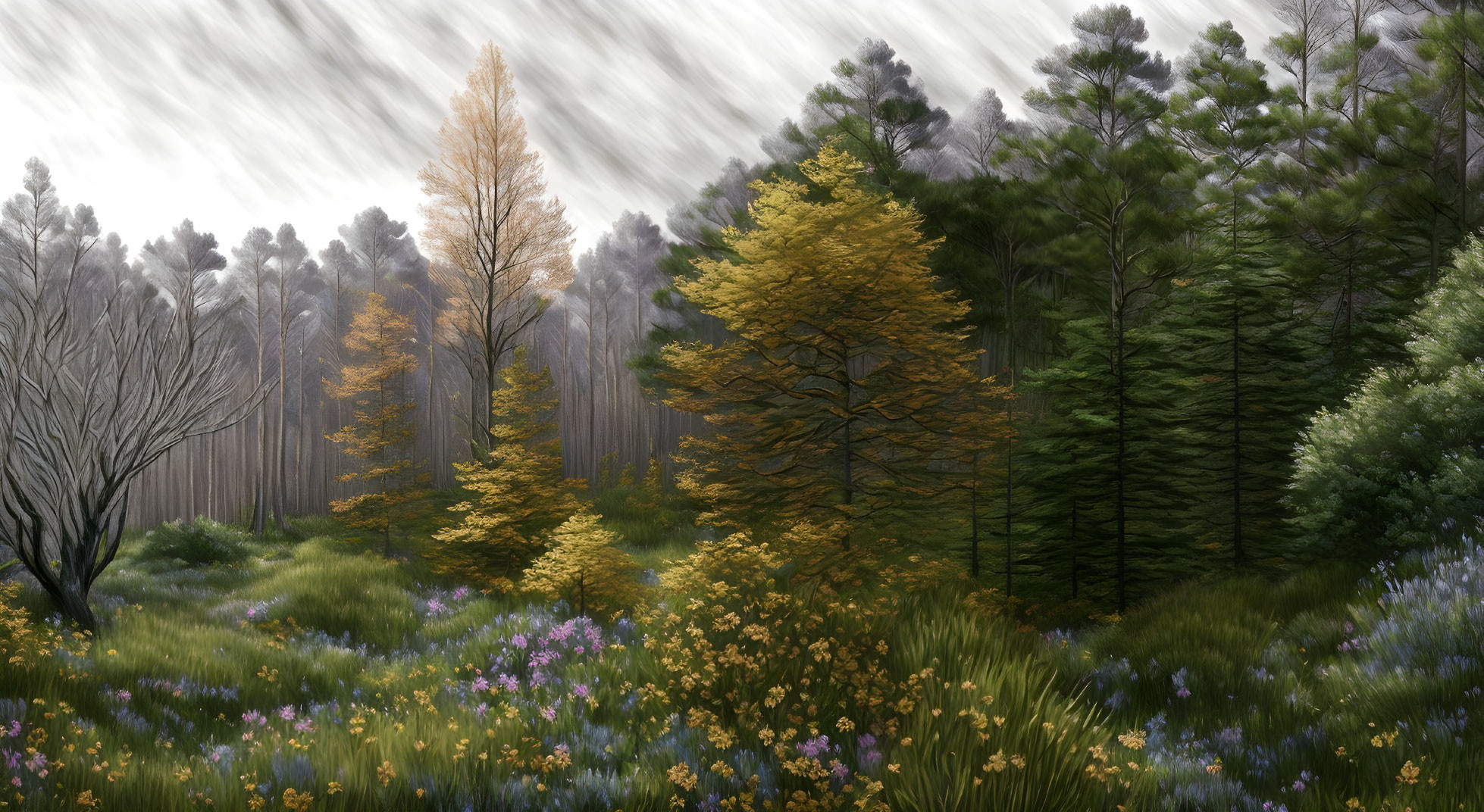 Colorful forest landscape with diverse trees and flowers under dynamic sky.