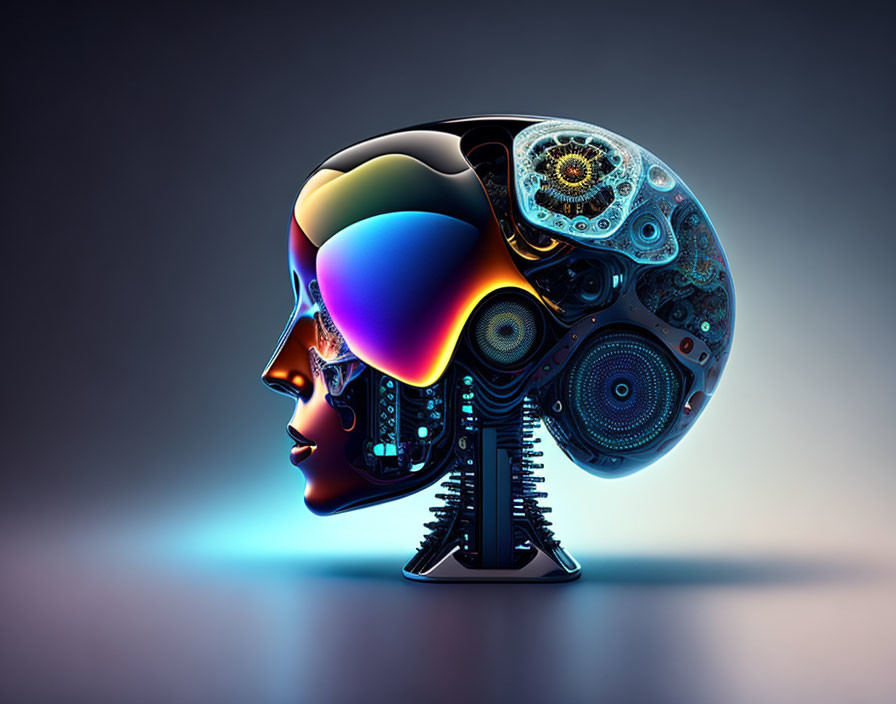 Colorful abstract human head profile with mechanical gears and cogs.