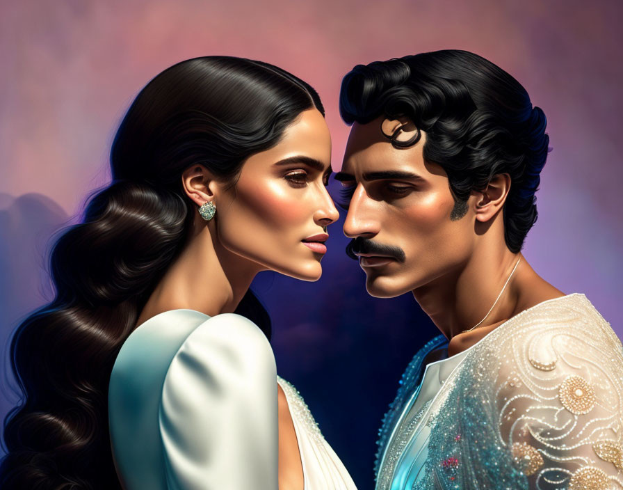 Close-up profile illustration of man and woman with dark hair in elegant attire against colorful background