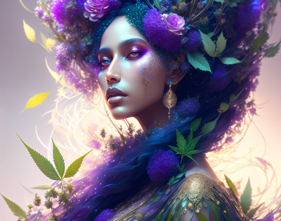 Purple-skinned woman adorned with flora and jewelry in fantasy portrait