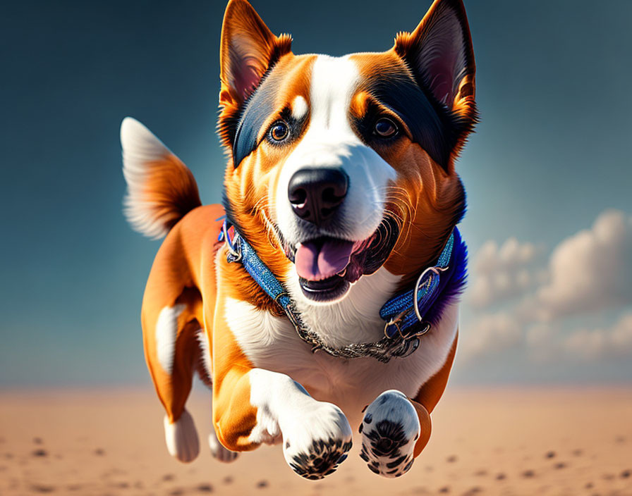 Brown and White Dog Leaping with Blue Harness in Clear Sky