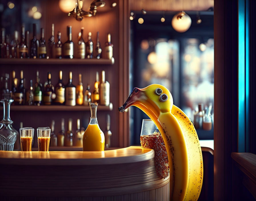 Surreal composite image: Banana with bird-like features on bar.