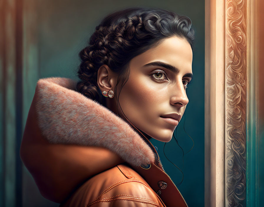 Digital portrait of woman with braided hair and fur-collared jacket by window.