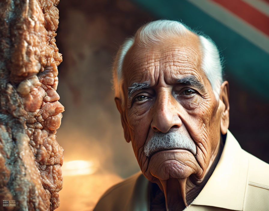 Elderly man with stern expression near meat skewer in beige outfit