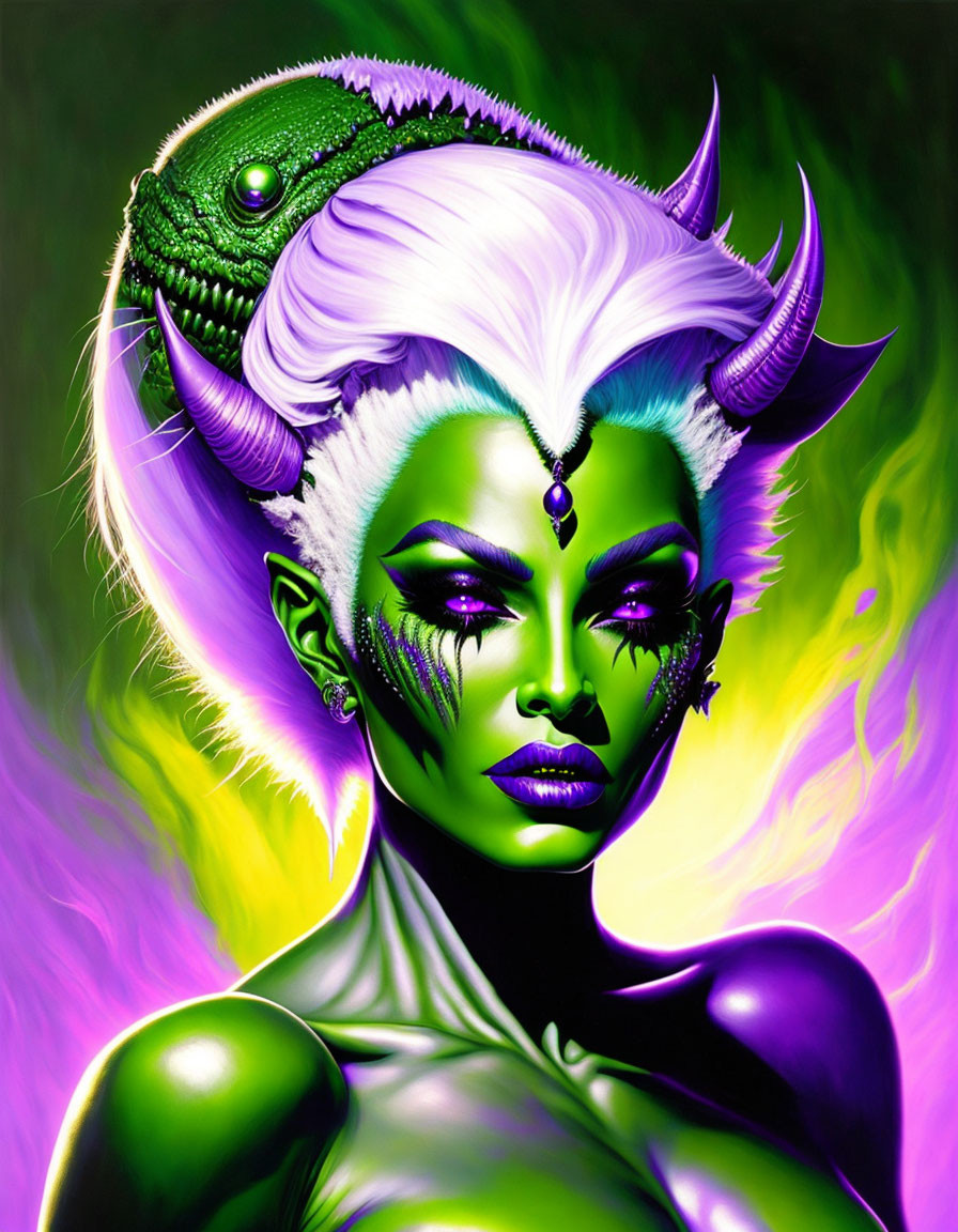 Colorful woman with green skin and horns, white hair, and reptile on head in vibrant setting