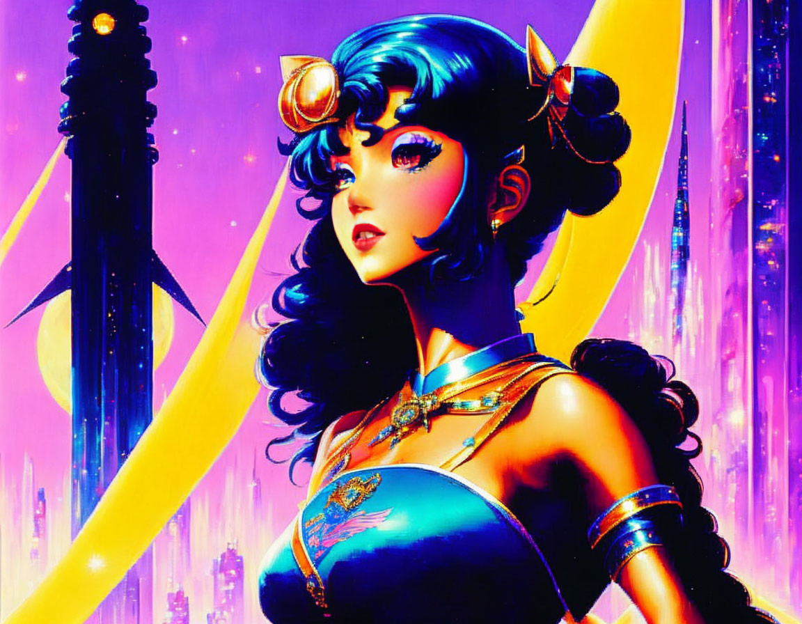 Female character with blue hair in futuristic cityscape.