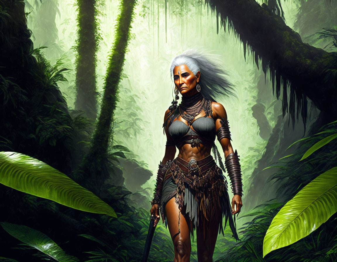 White-haired warrior woman in tribal attire with spear in jungle