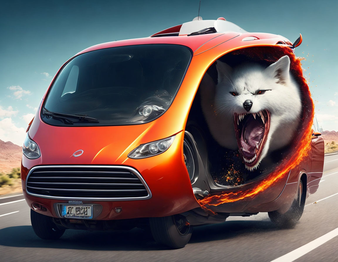 Futuristic orange car with dog head driving on highway