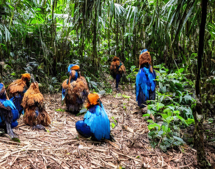 Vibrant blue and brown Western Parotia birds in forest setting