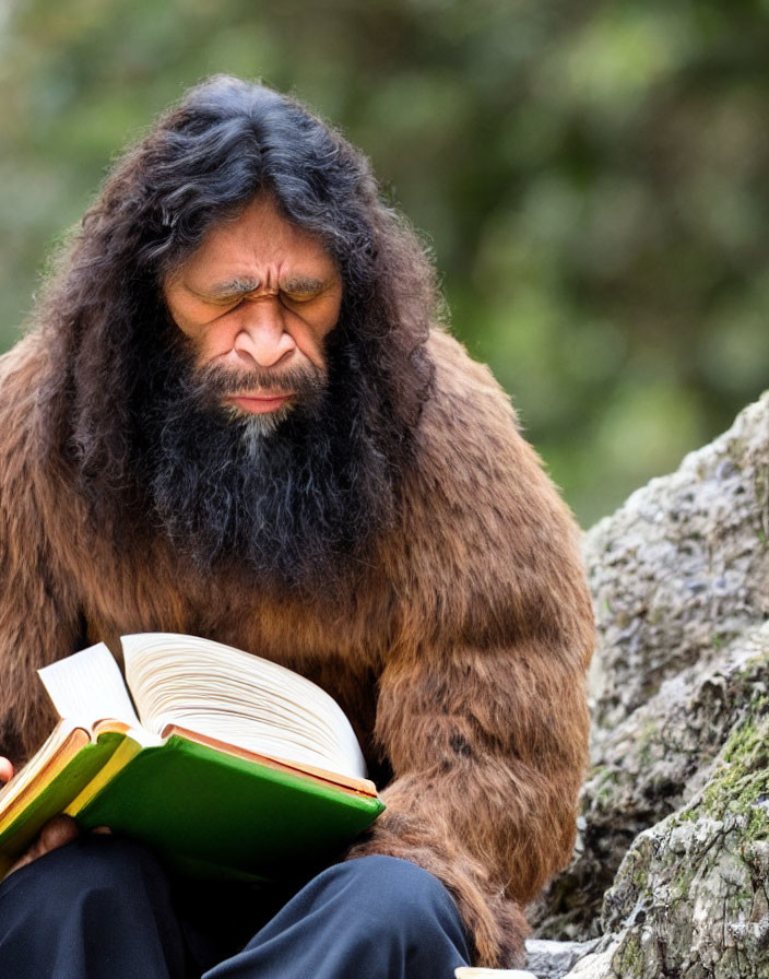 Person in ape costume reading book outdoors with focused expression