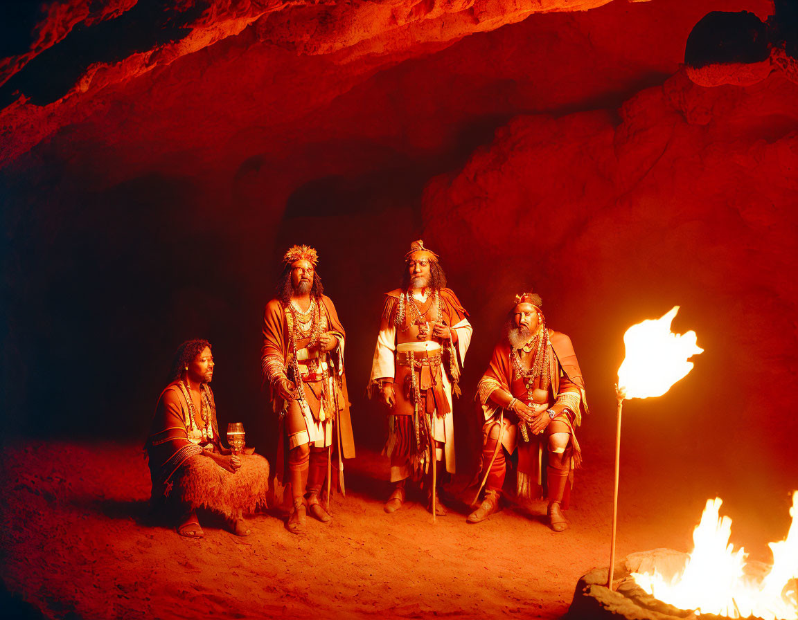 Four individuals in tribal garb in illuminated cave