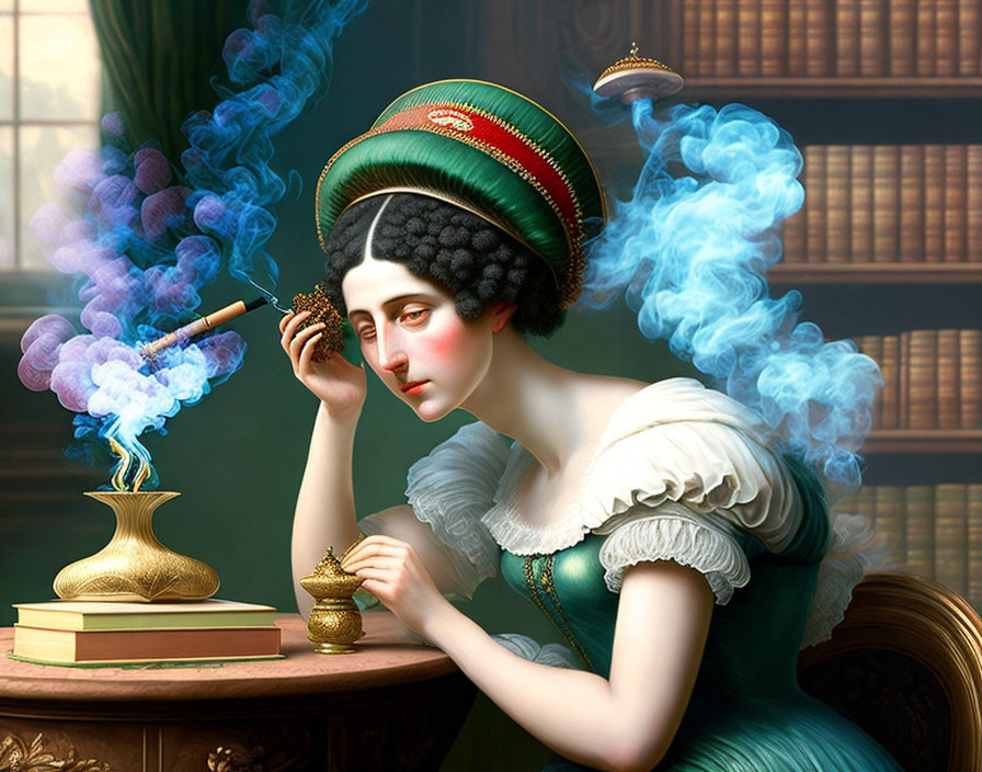 Classic portrait of woman in turban with pipe, colorful smoke, incense burner, and books