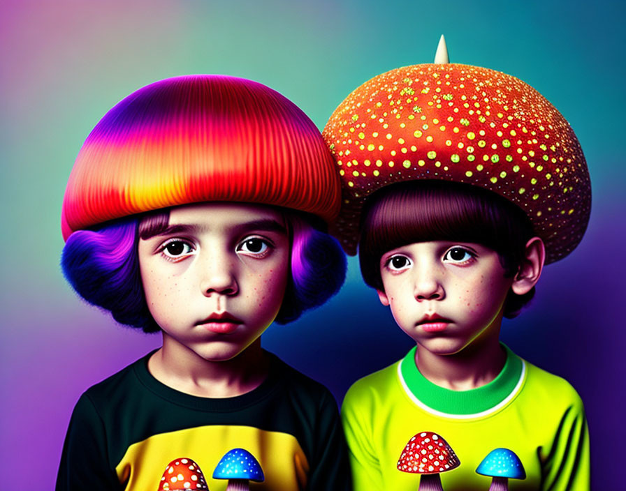 Exaggerated colorful mushroom headwear on two children against gradient background