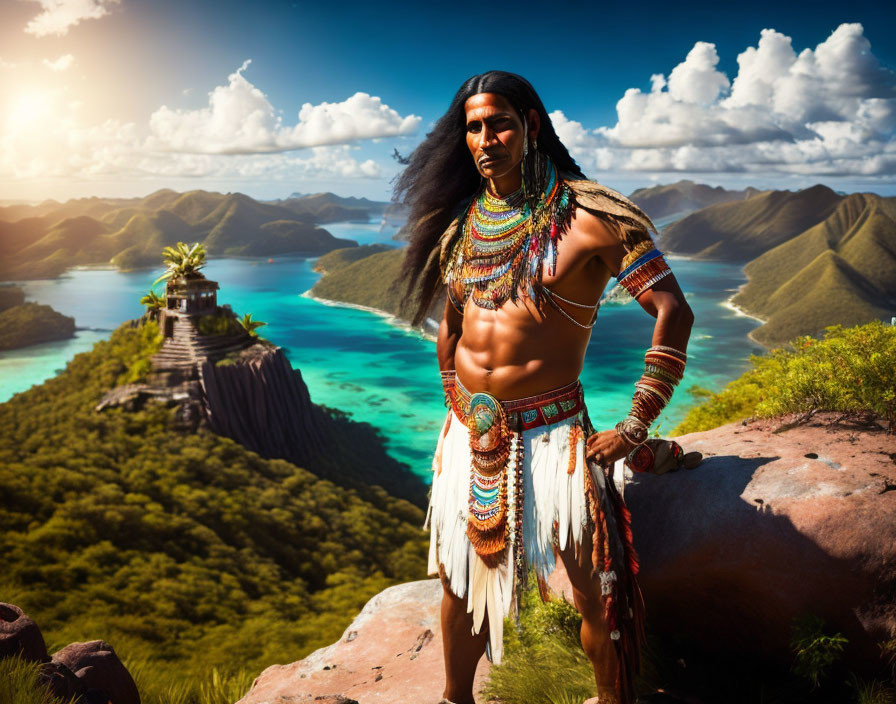 Native American man in traditional attire gazes at vibrant coastal landscape