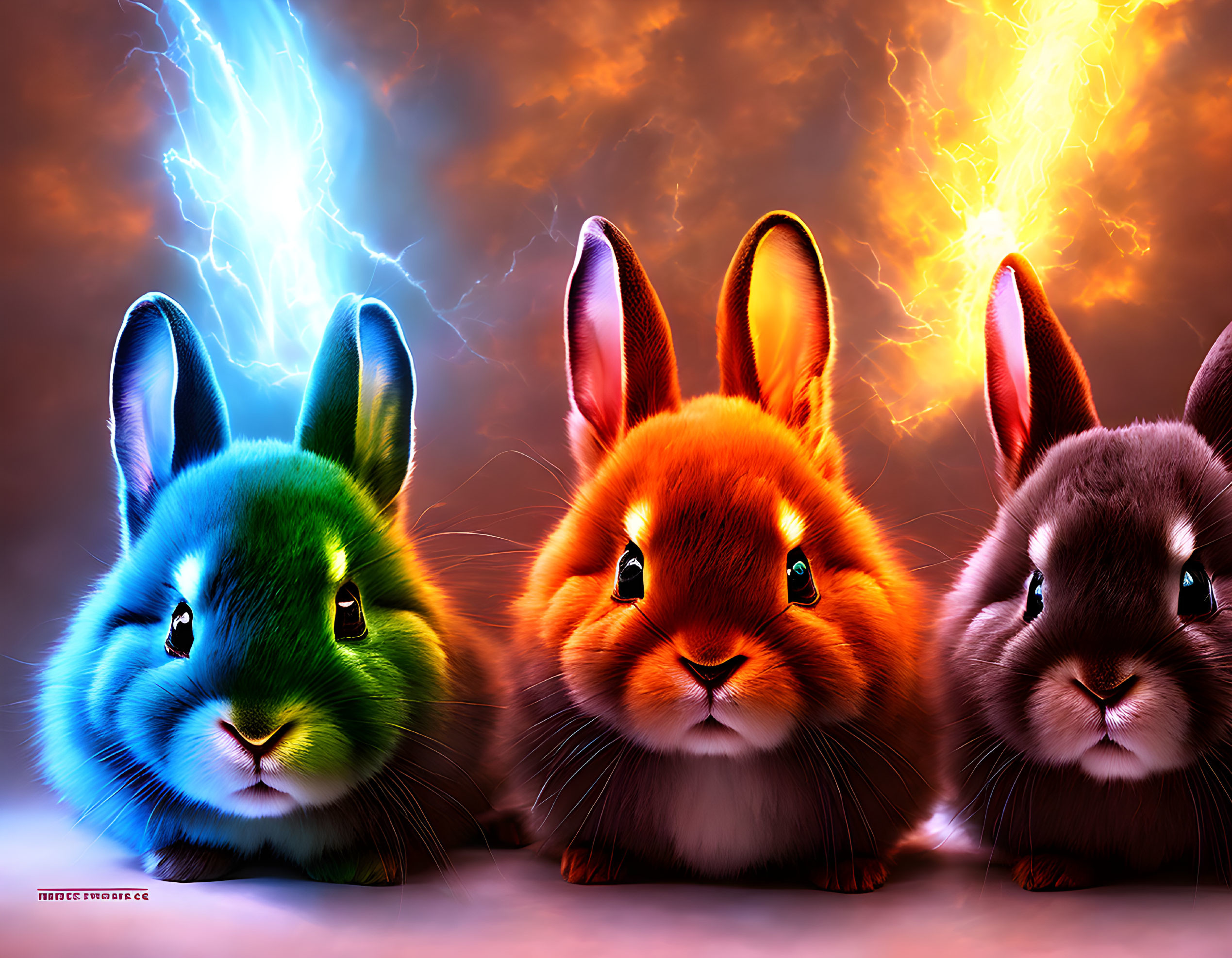 Vibrant rabbits with glowing eyes on lightning backdrop