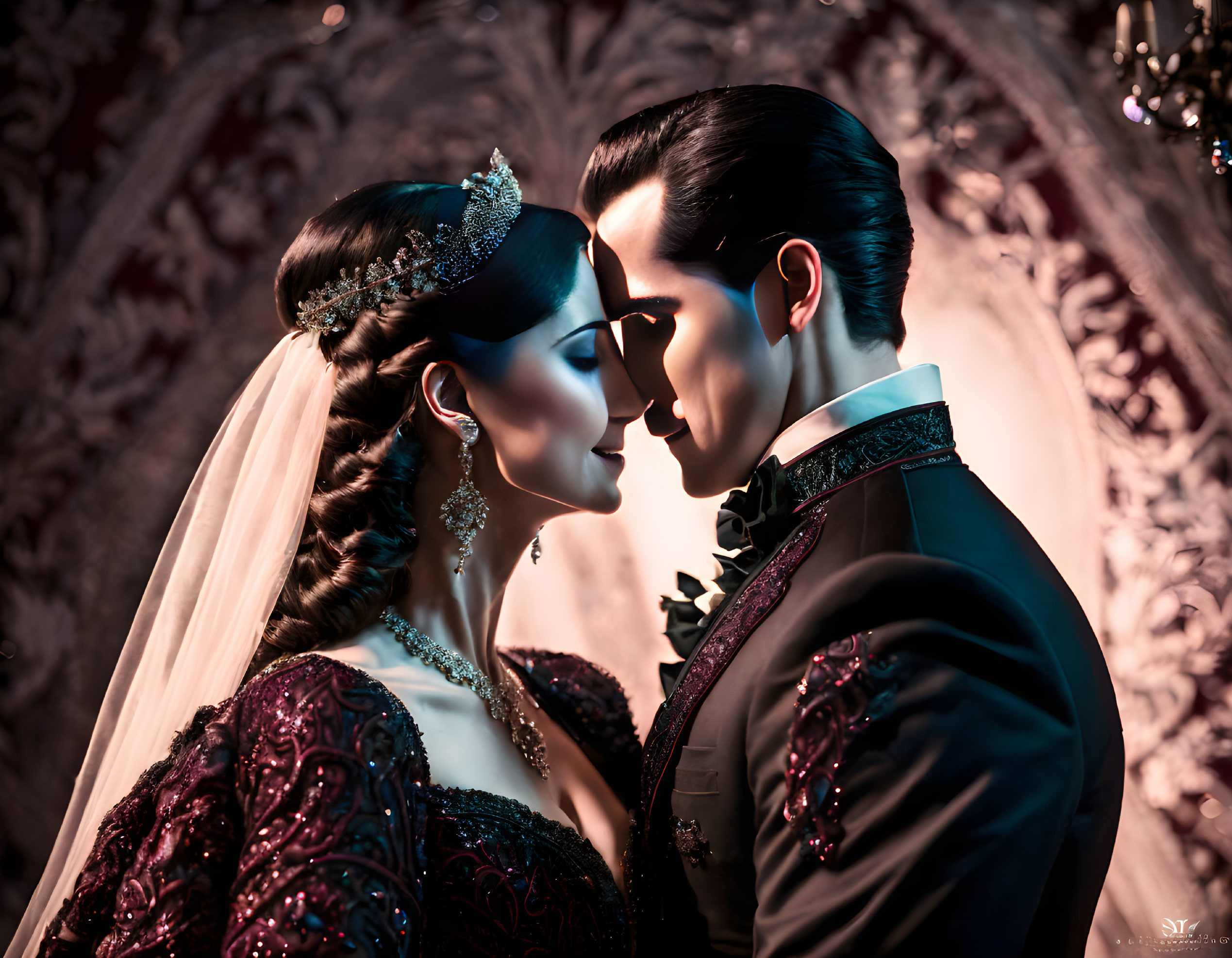 Luxurious bride and groom in intimate moment with ornate backdrop