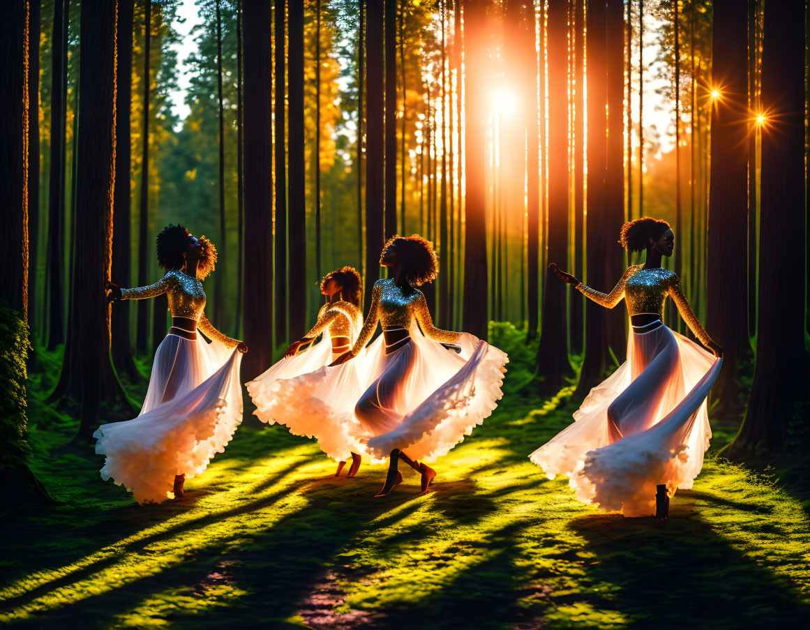 Woman dancing in sunlit forest with glowing dress among tall trees