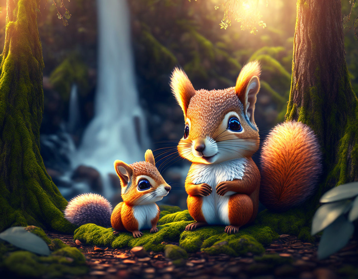 Animated adult and young squirrels in lush forest with waterfall and sunbeams.