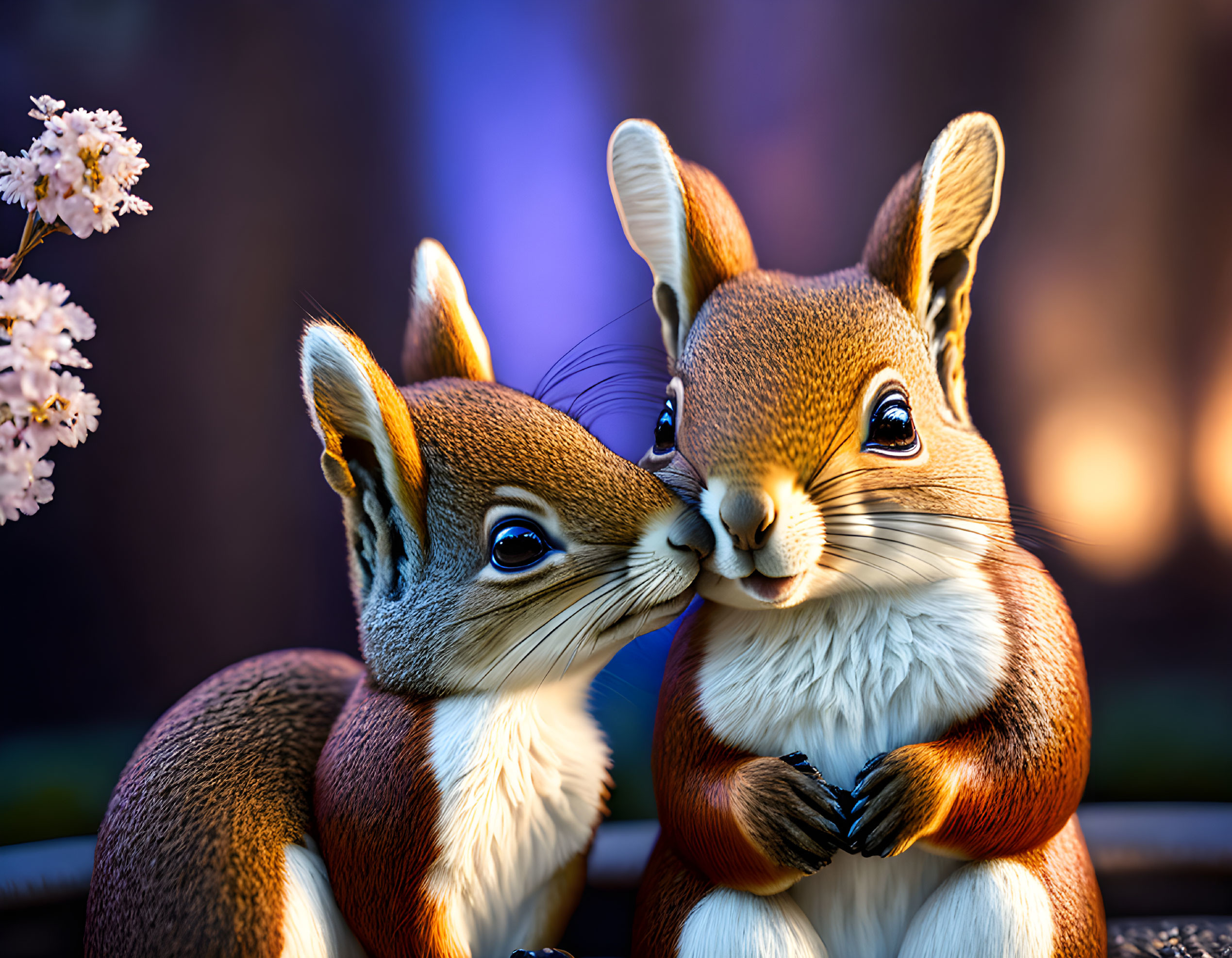 Affectionate animated squirrels cuddling in front of soft flowers and warm light