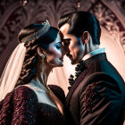 Luxurious bride and groom in intimate moment with ornate backdrop