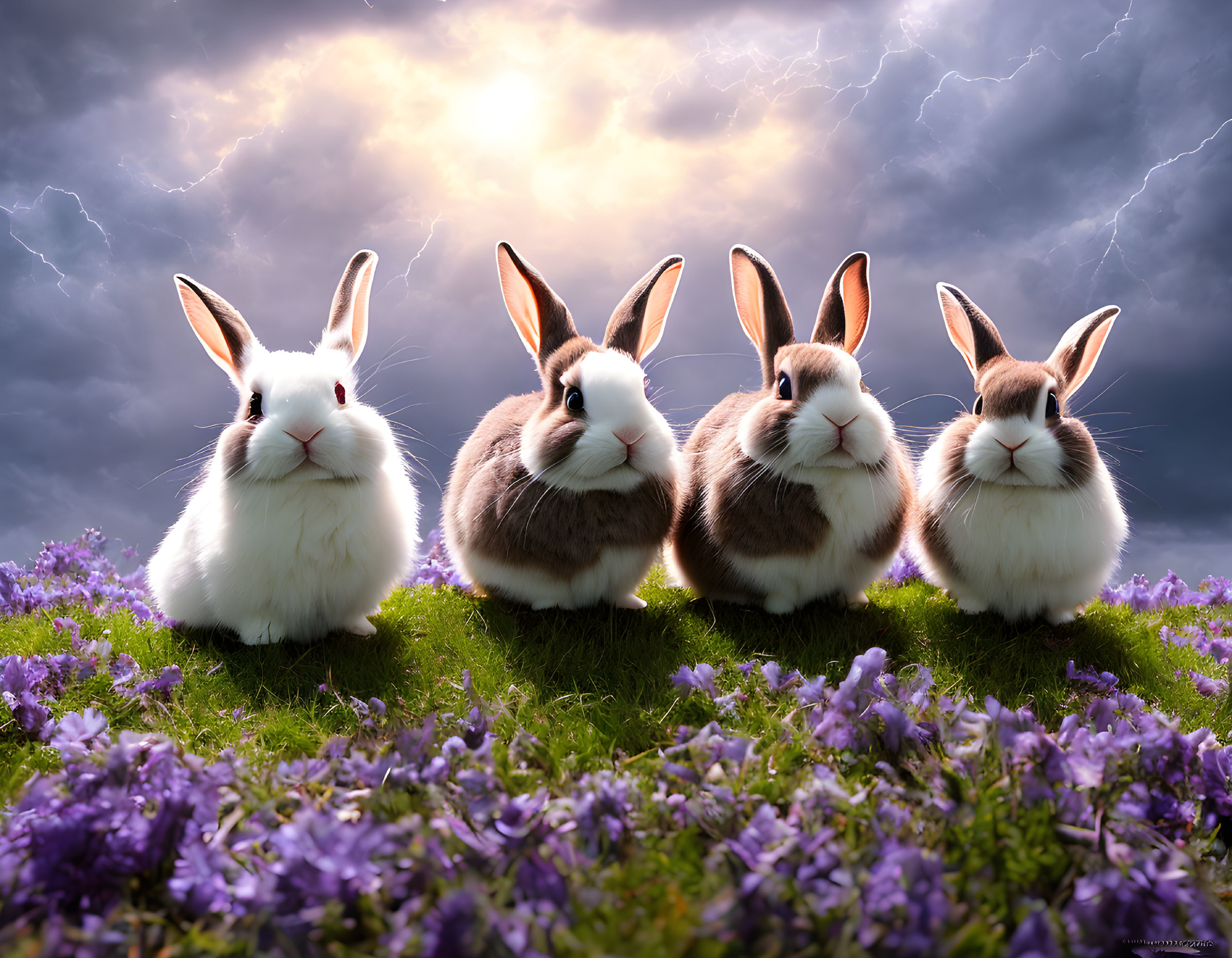 Four cute rabbits in grassy field with purple flowers under stormy sky